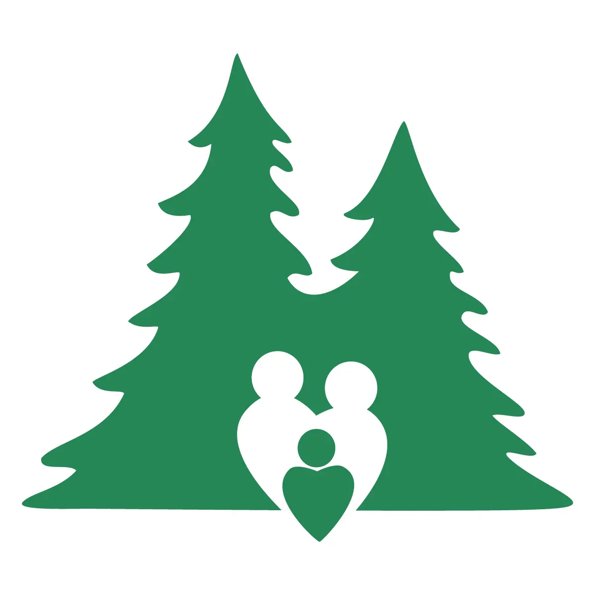 Green silhouette of two pine trees with a white abstract family of three figures inside, forming a heart shape.