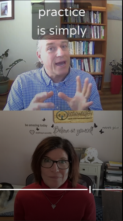 A man gestures while speaking in a video call; a woman sits below in a separate frame in front of a decorated wall with inspirational quotes.