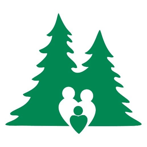 Two green pine trees with a simplified illustration of a family of three inside a heart shape at the base.