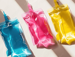 Three transparent plastic pouches filled with blue, pink, and yellow liquid are arranged in a row on a light surface, casting shadows.