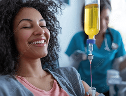 A woman smiles while receiving an intravenous infusion, with a healthcare professional in the background.