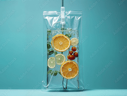 A clear IV bag filled with slices of orange, lemon, lime, cherry tomatoes, and herbs against a blue background.