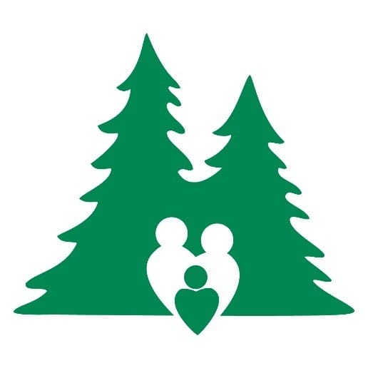Green silhouette of two pine trees with a simplified family of three figures forming a heart shape in the foreground.