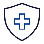 A simple shield outline with a blue medical cross symbol in the center, representing health protection or medical insurance.