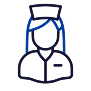 Simple line drawing of a nurse wearing a uniform and a nurse cap, depicted without facial features on a plain background.