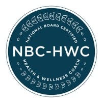 Circular logo with the text "National Board Certified Health & Wellness Coach NBC-HWC" in white on a dark blue background, surrounded by decorative curved lines.