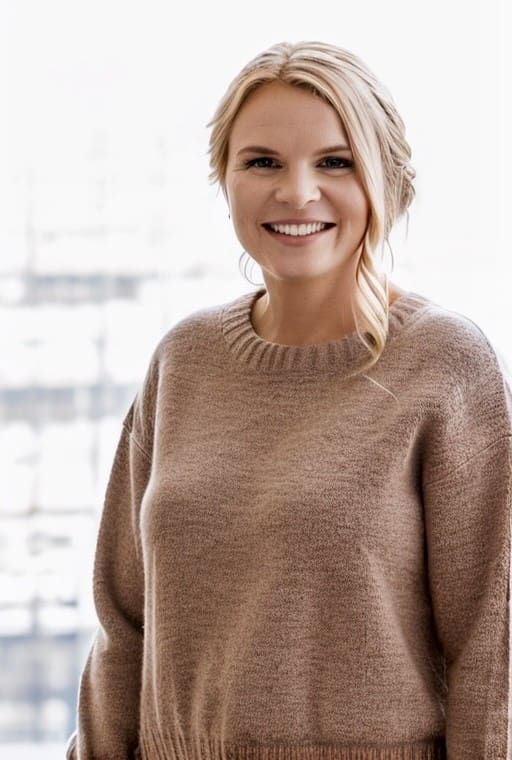A smiling blonde woman wearing a tan sweater.