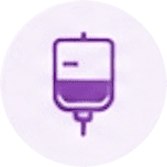 Purple icon of an intravenous (IV) fluid bag, partially filled, with a tube extending from the bottom.